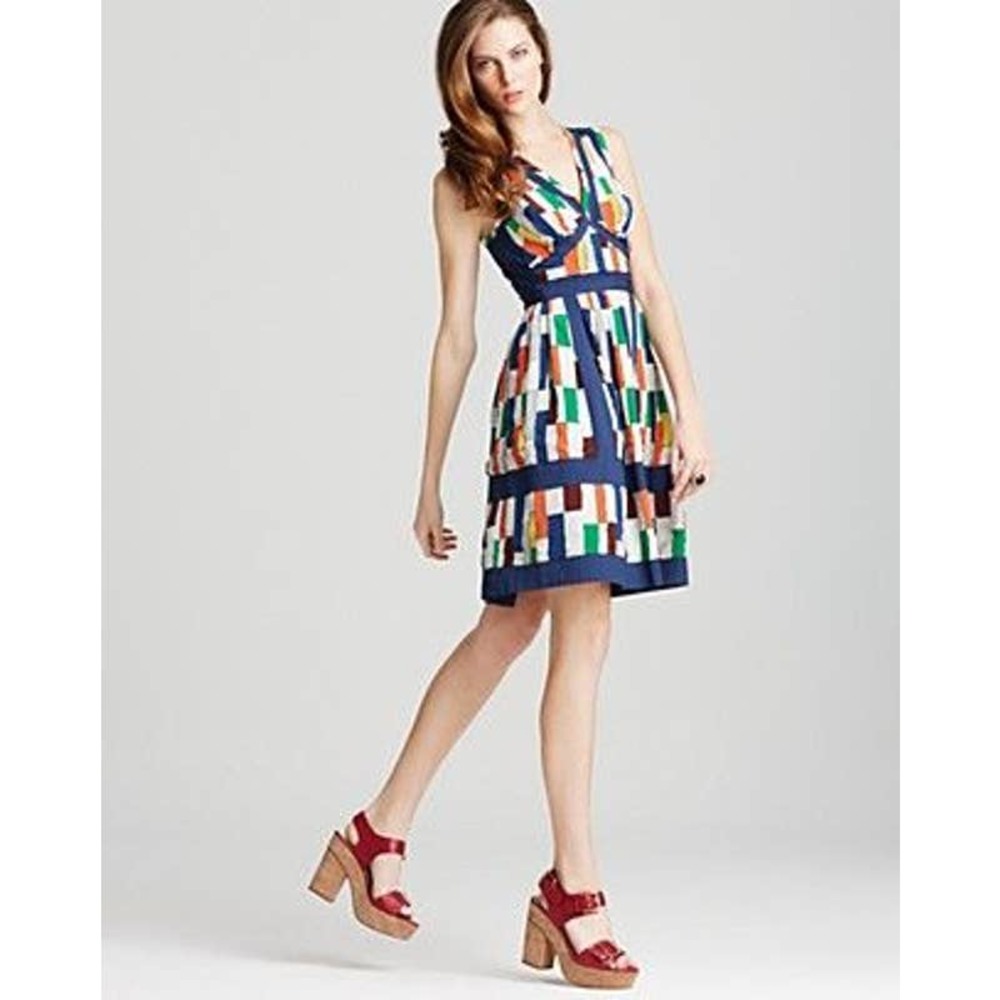 Plenty Tracy Reese Applique Frock Tiles Silk Dress With Pockets Blue White Sz 8 - Picture 2 of 11